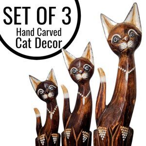 NEW Vintage Set of 3 Cats Wooden Balinese Carved TALL Cat Statues Wall Decor Bal